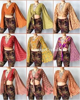 Indian Vintage Silk Sari Bell Sleeve Crop Top Retro 60s Clothing Lot Of 20 Pcs • $351.01