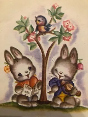 Vintage Easter Card Cute Bunnies Playing Music & Singing BlueBird In Cherry Tree • $4.50