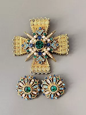 Vintage ART Arthur Pepper Maltese Cross Brooch Set Green Faux Pearl Beads! • $89