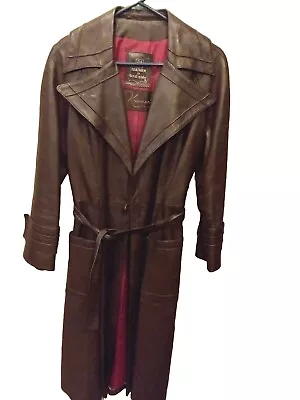 Vintage DAN DI MODES 24K Leather Jacket Small? Womens Belted Spy Trench Coat • $50.04