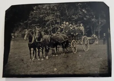 Rare Antique TINTYPE  - LARGE Party WAGON 4 HORSE DRAWN With Many People 3.5×2.5 • $79