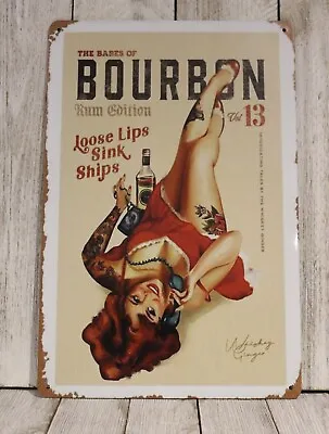 Bourbon Whiskey Pinup Girl Tin Sign Metal The Babes Of Vintage Rustic Look XZ • $10.97