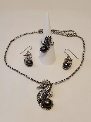 Seahorse Sterling Silver & Pearl Pendant Necklace Earrings Ring Set Novica 925 • $74.99