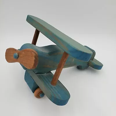 Vintage Solid Wood Toy Plane Airplane Folk Art Model Wheels Photo Prop Blue • $22.49