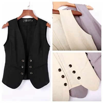 Women Linen Waistcoat Gilet Vests Flax Double Breasted Formal Work Uniform Tops • £30.65