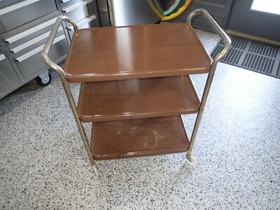 $74.99 • Buy Vintage MCM Costco 3 Tier  WOOD GRAIN Shelf  GOLD Legs Metal Utility Cart Retro