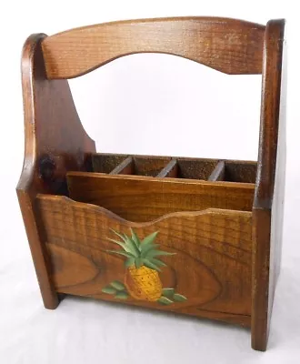 Vintage Mid Century Modern Wooden Divided Tote Tray Pineapple Stencil Retro   • $21.95