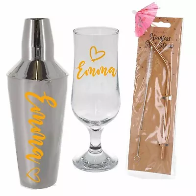 Personalised Cocktail Shaker Or Cocktail Glass Reuse Straw And Umbrella Full Set • £13.99