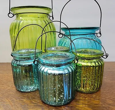 Hurricane Jar Decor Set Of 6 Blue Green 3.5 Inch To 8 Inch Some Mercury  • $15