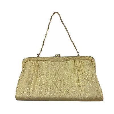 Vintage Evening Bag Gold Glitter Clutch Purse Chain Lined Clean • $14.99