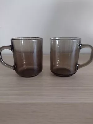 2 X Vintage Retro Arcoroc FUME Smokey Glass Tea Coffee Mugs France 1980s • $19.99