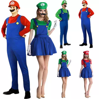 Men Women Adult Super Mario And Luigi Fancy Dress Plumber Bros Halloween Costume • £9.89