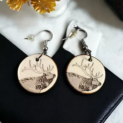 Earth Tone Elk Round Drop Earrings Pierced Hooks Nature Woodland Animal • $12.99