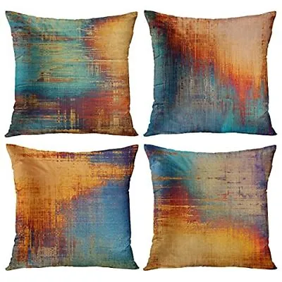  Set Of 4 Throw Pillow Covers Vintage Abstract 26 X 26 Inches Blue And Orange • $38.16