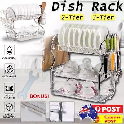 2/3 Tier Multi-function Stainless Steel Dish Drying Rack Cup Drainer Strainer AU • $24.89