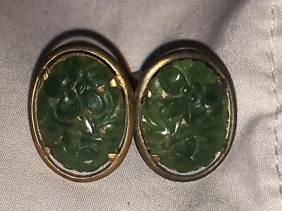 Marked H.K. K. Gold Carved Jade Flower Oval Cufflinks Cuff Links Antique Vtg • $260