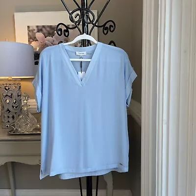 NEW Calvin Klein Blouse Small Top Powder Blue V-neck Pullover Loose Fit Sleeves • £17.35