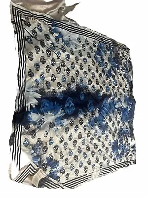 Alexander Mcqueen Silk Skull Scarf White Blue 90x90cm • $125