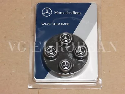 Mercedes-Benz Genuine Tire Valve Stem Cap Set Silver Star On Black Caps OEM  • $20.99