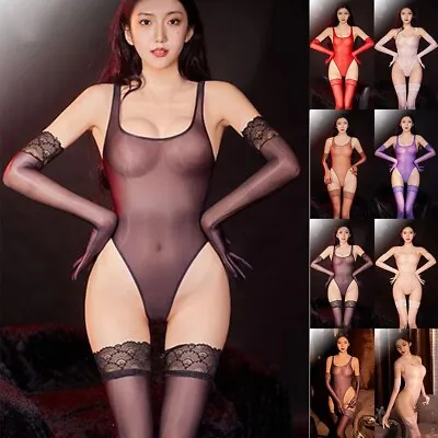 Purple Women's Oily Glossy Bodysuit Jumpsuit High Cut Leotard Lingerie • £6.53