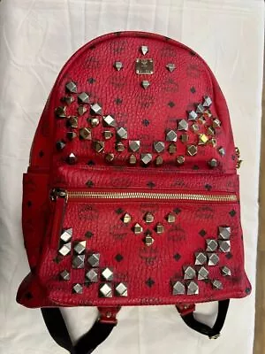 MCM Logo Pattern Studded Backpack - Red - PPS-SAL (330857) • $299.99