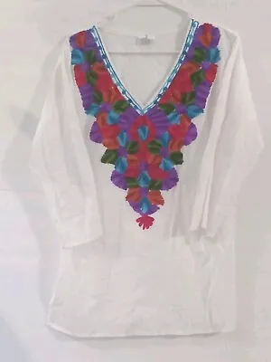 Mexican White Cotton RADHE Floral Embroidered Tunic Shirt SZ S BOHO Import Long • $11.95