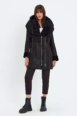 Black Shearling Women Coat With Toscana Shearling Hood Black Genuine Sheepskin • $285