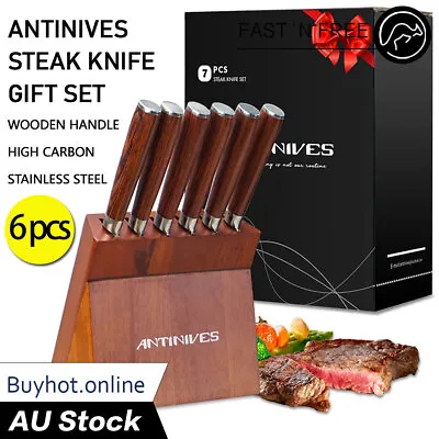 ANTINIVES Kitchen 6 Pcs Knife Set With Block Serrated Steak Knife Wooden Handle • $44.95