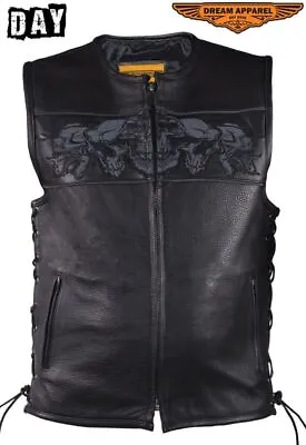 Men's Black Leather SOA Vest Motorcycle Concealed Reflective Skulls Waistcoat • $89.99