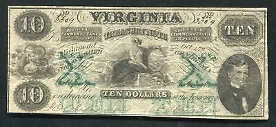 1862 $10 Virginia Treasury Note Richmond Va Obsolete Currency Note Very Fine • $99.95