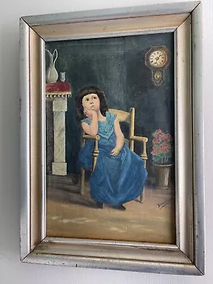 Vintage ORIGINAL Oil Canvas Painting Little GIRL Signed Framed FORMAL Portrait • $49.99