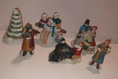 $10 • Buy Lot Of 6 Vintage Christmas Ornaments Snowman With Kids ~ Caroling Family & More