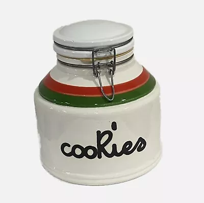 Vintage 1970s Line Cookie Jar By Massimo Baldelli Italia White Red Green Ceramic • $99