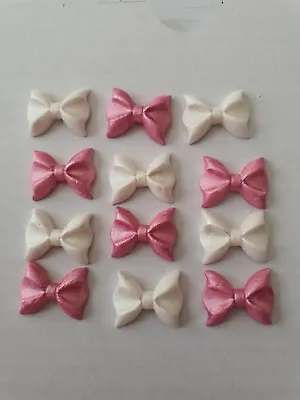 18 Pink And White Pearlised Bows  EDIBLE CUPCAKE  / CAKE TOPPERS • £5.50