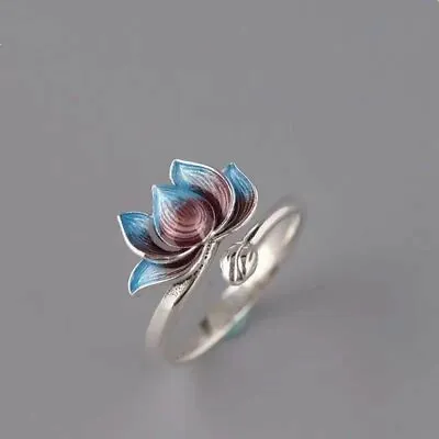 $1.19 • Buy Retro Blue Lotus Silver Plated Rings Open Rings Size Adjustable Women Jewelry