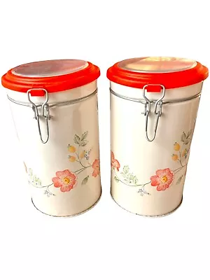 MCM Pair Of Tin Toleware Canisters White W/Red Flowers Clear Top • $39.98