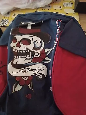 £6.92 • Buy DON ED HARDY Blue & Red Skull Design Backpack School   College  Gym Work  Bag