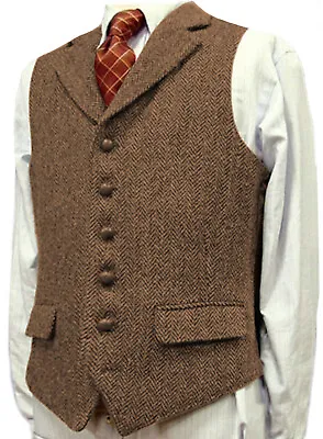Mens Western Waistcoat Vest Tweed Wool Blend Herringbone Vintage M Large XL XXL • $49.49