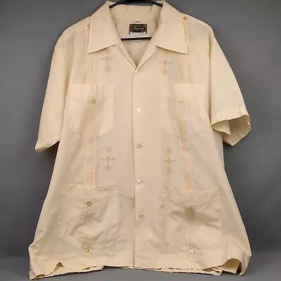 Vintage Mens Cotton Blend 4 Pocket Cream Mexican Wedding Guayabera Shirt L • $34.99