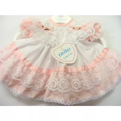 Baby Girls Traditional Romany White & Pink Frilly Lace & Sparkle Ribbon Dress • £23.49