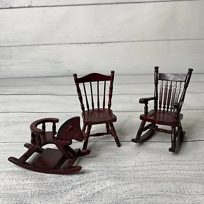 Dollhouse Miniature Wooden Rocking Chair Spindle Back Horse Chair 3 Pc 3.5  Tall • $18.99