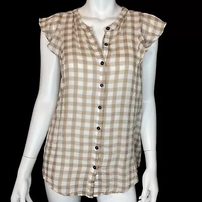 MATILDA JANE Good Hart - McNay Flutter Sleeve Top Khaki Gingham Check Women’s L • $21.50