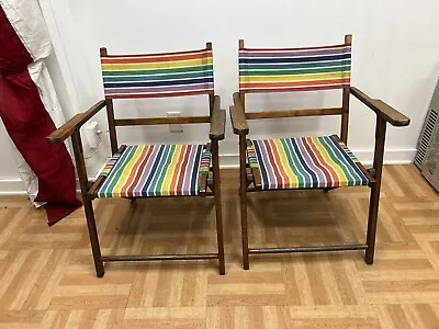 Vintage Wood FOLDING CHAIR PAIR Set Mid Century Porch Patio Wooden Canvas Seat 2 • $99.99