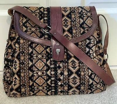 Vintage John Romain Brown Leather And Tapestry Shoulder Handbag Purse • $39.99