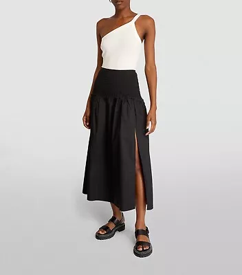 All Saints Alex Smocked Waist Cotton Poplin A-Line Midi Skirt Black Size 8 • $109.99
