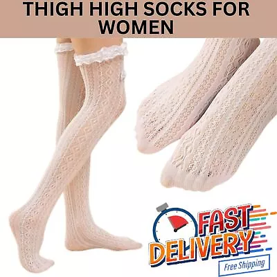 Sheer Mesh Thigh High Socks Lace Trim Bowknot Decor Over The Knee Socks For Girl • £3.99