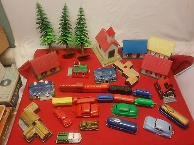 Lot (31) Vtg HO N Scale Model Train House Building Cars Trees Church Toy Plastic • $54.99