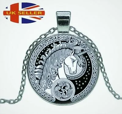 Celtic Mystical Unicorn Good Luck Protection Silver Dome Pendant Necklace • £5.50