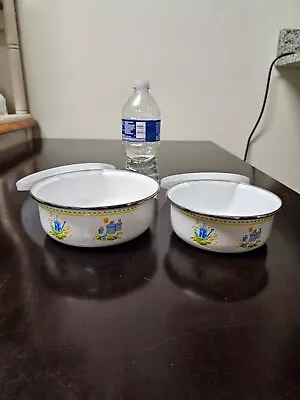 Vintage Enamelware Mixing Bowls W/Lids Garden Theme Set Of 2 Made In Indonesia  • $15