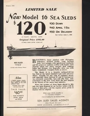 1933 Sea Sled Cruiser Yacht Motor Boat Nautical Wood Speed Sport Mahogany  20909 • $24.95